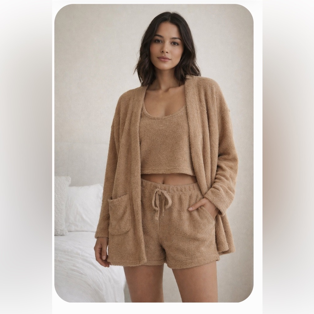Women's Fuzzy 3 Piece Open Front Cardigan Crop Tank Top/ Short Lounge Set